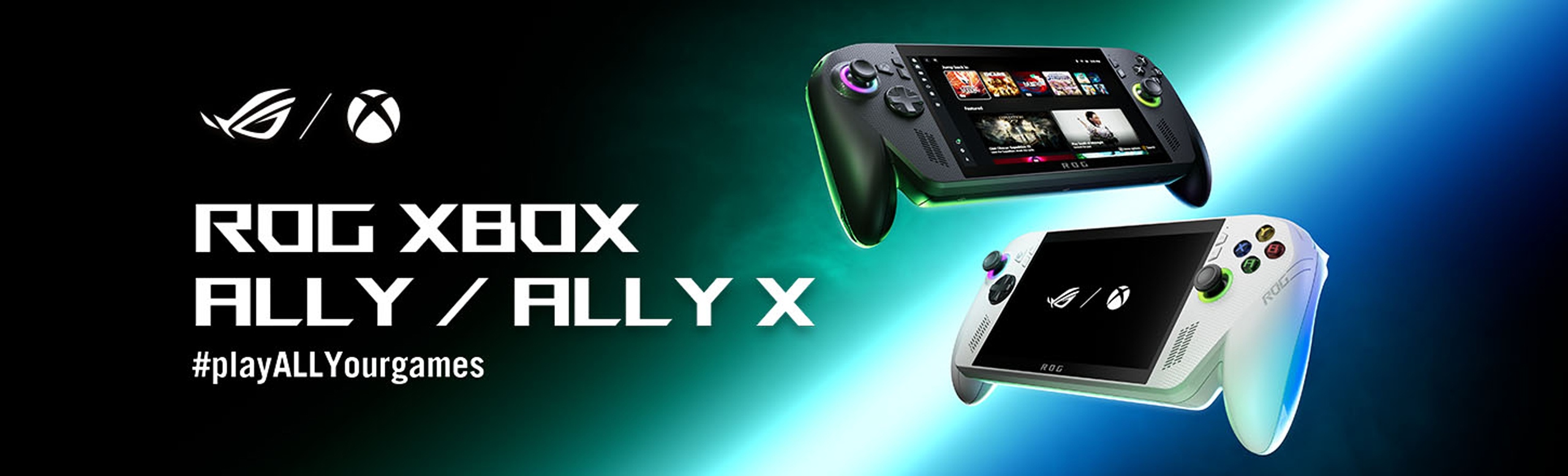 ROG XBOX ALLY u Beloj boji & ALLY X u rcnoj boji, lebde u vazduhu jedan pored drugog pod uglom sa ukljucenim XBOX ALLY interfejsom sa prikazanim igrama