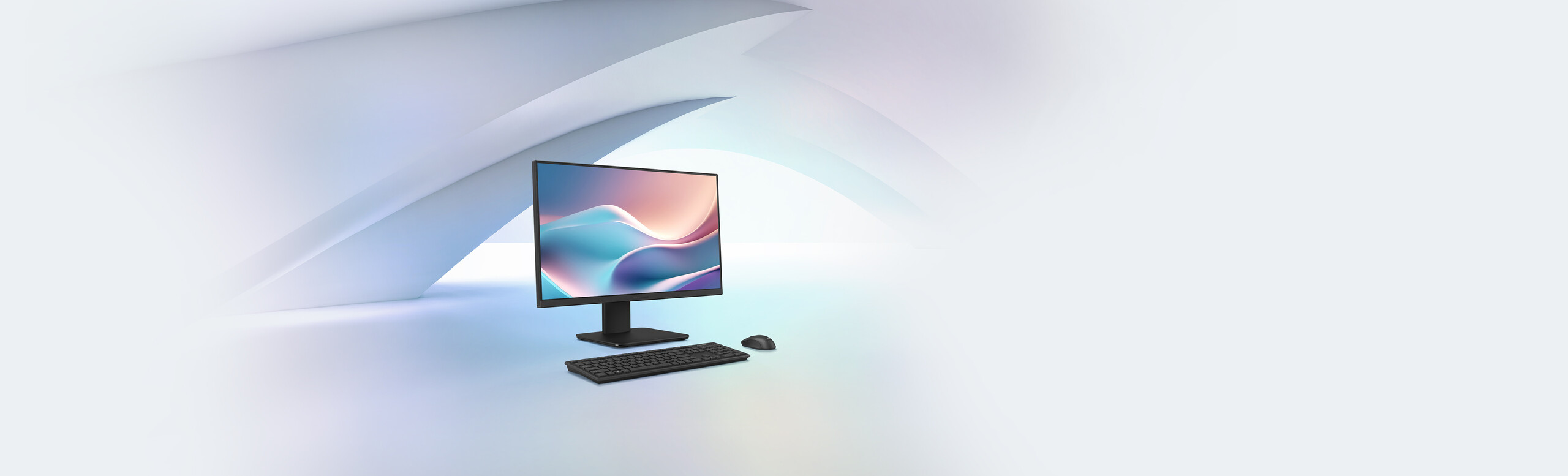 Un PC ASUS ExpertCenter tout-en-un noir (avec clavier et souris) est placé à gauche, orienté vers la droite, sur un fond abstrait lumineux et apaisant (bleu, rose, vert).