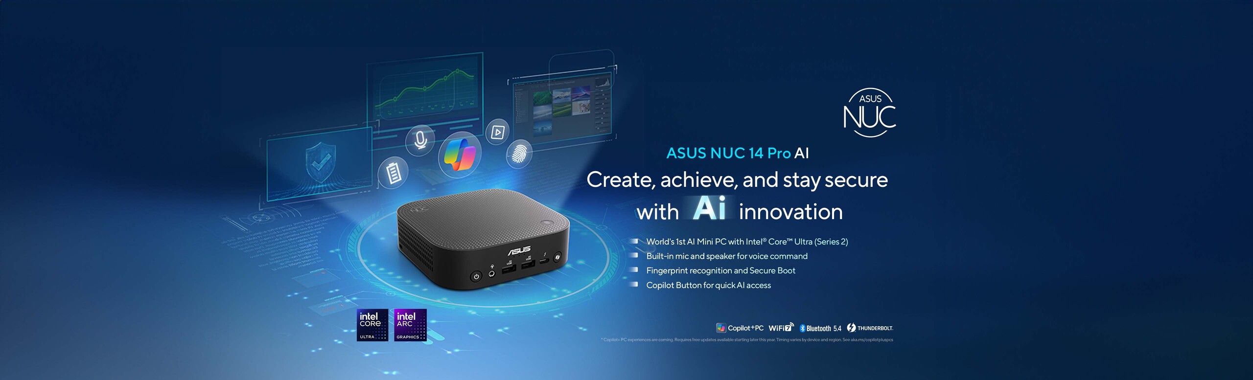 Un mini PC ASUS NUC 14 Pro AI con icone che ne evidenziano le caratteristiche principali: Copilot+ PC, Wi-Fi 7, comando vocale e risparmio energetico. Ogni icona mette in risalto le caratteristiche uniche del prodotto, creando una presentazione visivamente informativa dei suoi punti di forza.