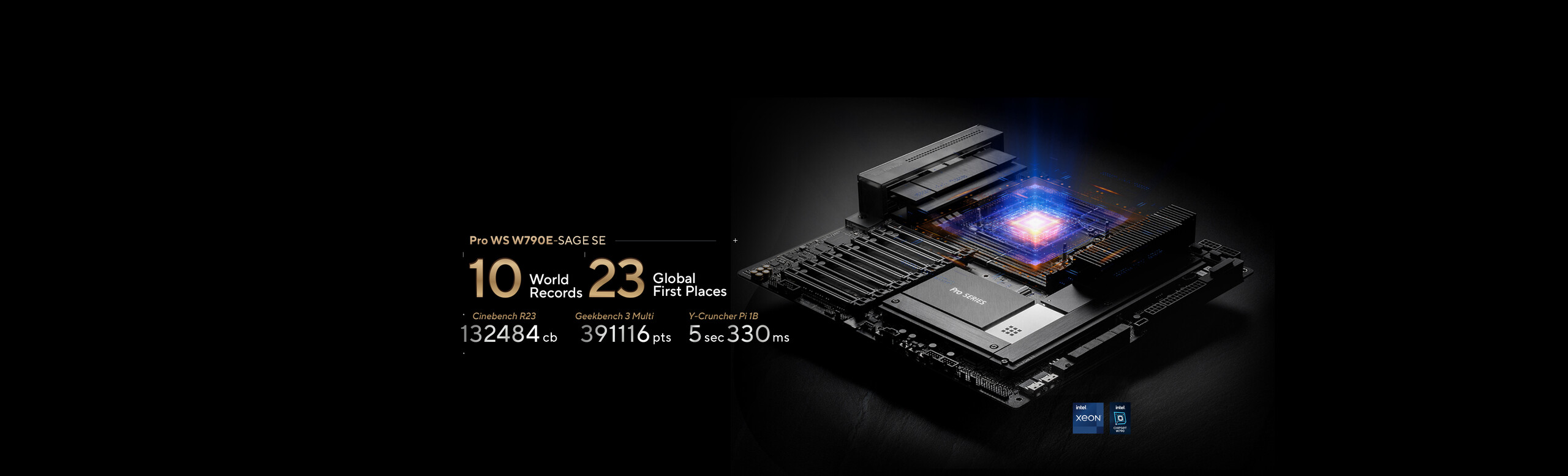 Una scheda madre per workstation appoggiata su una superficie piana, su fondo scuro, con il socket della CPU che emette una luce blu