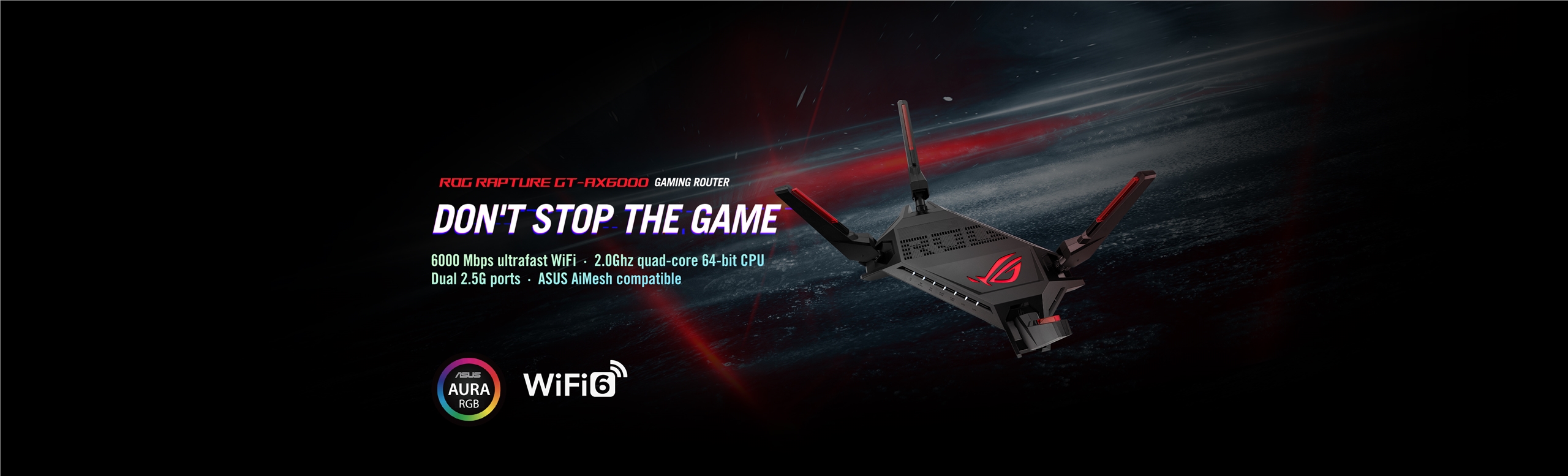 L'immagine mostra un router ROG Rapture GT-AX6000 WiFi 6 nello spazio con lampi di luce