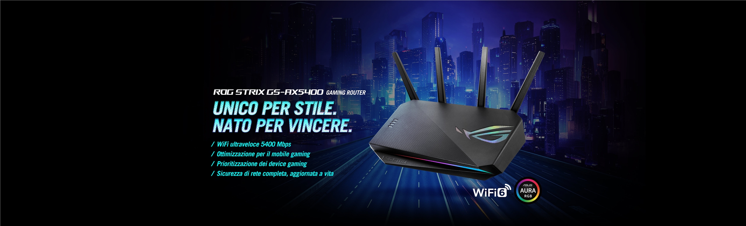 L'immagine mostra un router da gioco ROG Strix GS-AX5400. È raffigurato in primo piano su uno sfondo di una città futuristica illuminata. Sul lato sinistro, ci sono dei testi che evidenziano le caratteristiche del router