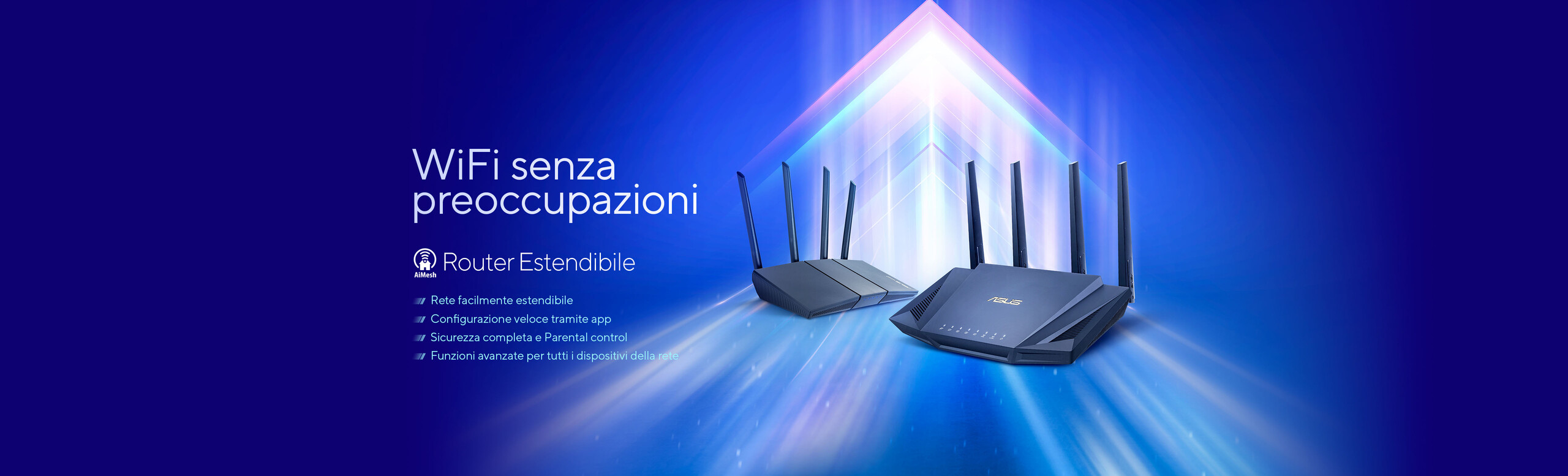 L'immagine mostra due router su uno sfondo blu con luci brillanti che emanano verso l'alto. A sinistra, c'è del testo in italiano che dice: WiFi senza preoccupazioni, con una lista di caratteristiche sotto: Rete facilmente estendibile, Configurazione veloce tramite app, Sicurezza completa e Parental control, e Funzioni avanzate per tutti i dispositivi della casa.