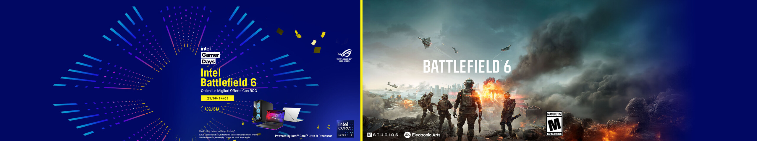 L'immagine è un poster promozionale per il videogioco Battlefield 6.  Nel primo piano, ci sono soldati in uniforme da battaglia, disposti di fronte a uno scenario di guerra. Sullo sfondo, si vedono esplosioni e nuvole di fumo, con un cielo tempestoso sopra di loro.