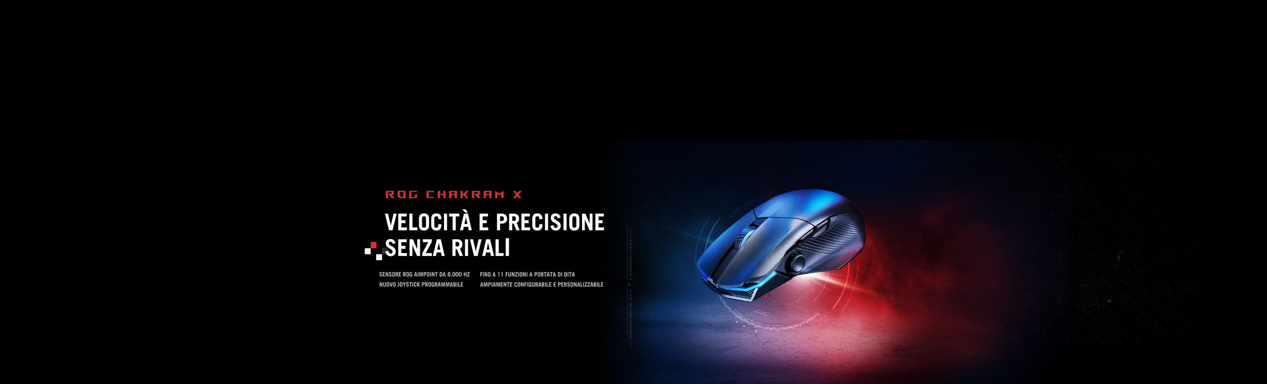L'immagine mostra un mouse da gaming con un design moderno e futuristico su uno sfondo sfumato blu e rosso. A sinistra, c'è del testo che promuove il mouse ROG Chakram X
