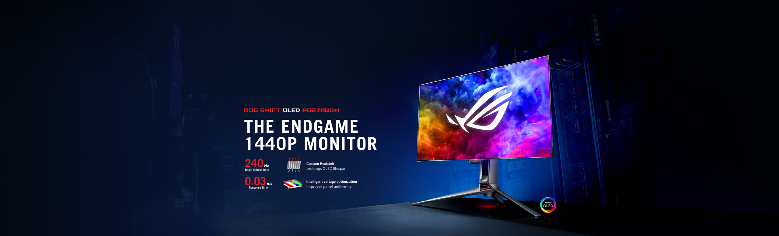 L'immagine mostra il monitor gaming ROG SWIFT PG27AQDM