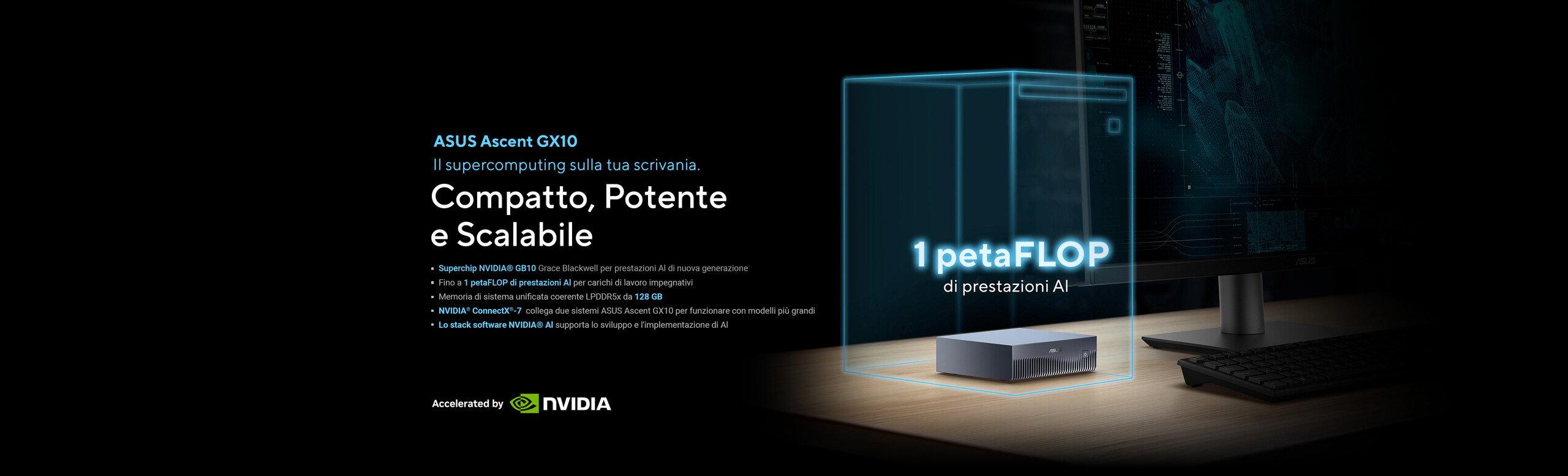 L'immagine mostra il supercomputer compatto ASUS Ascent GX10 potenziato dalla intelligenza artificiale fino a 1 Peta Flops sulla scrivania, abbinato a un monitor.