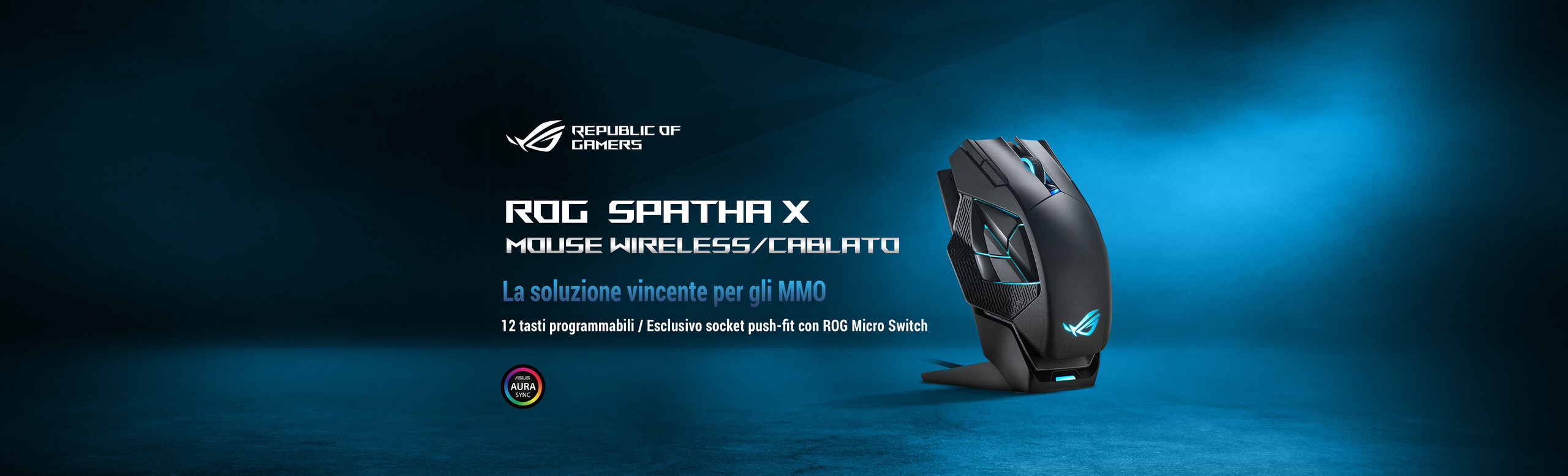 L'immagine mostra una grafica promozionale per un mouse chiamato ROG Spatha X della linea "Republic of Gamers". È descritto come un mouse sia wireless che cablato.
