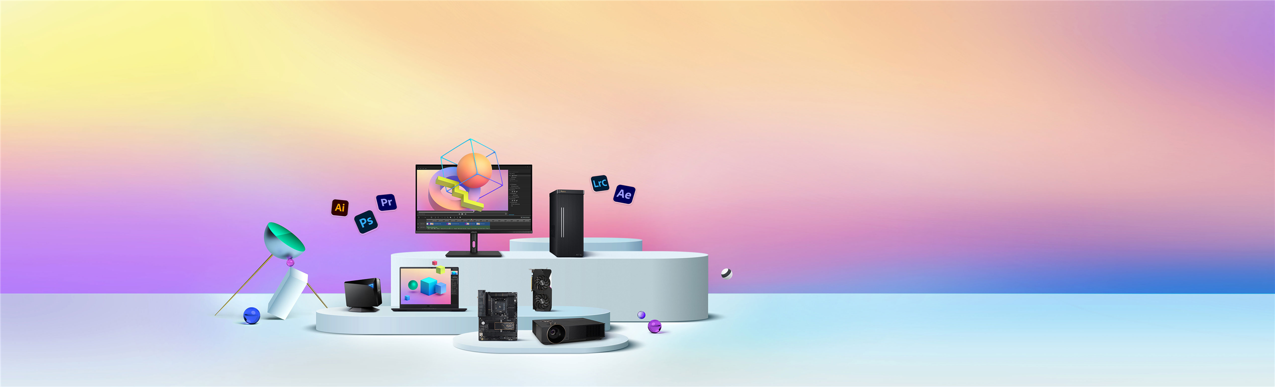 Campania ASUS Now cu Adobe Creative Cloud reprezentata prin produse diverse ASUS asezate pe platforme geometrice pe niveluri diferite,