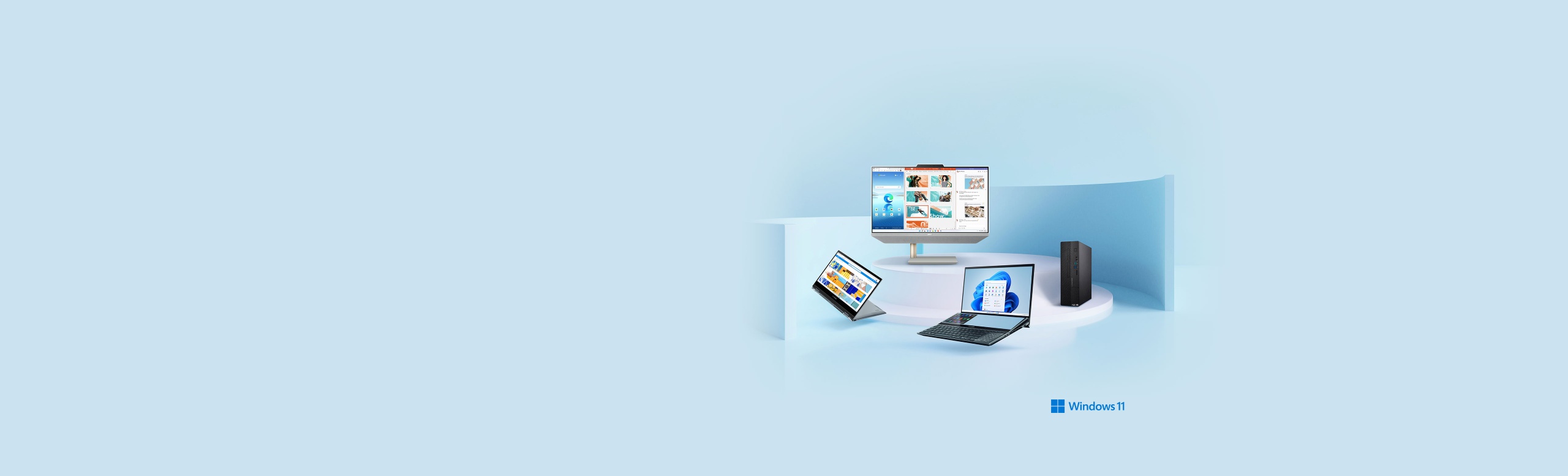 Windows 11 afisat pe produsele din gama ASUS, laptop, All in one si desktop, dispuse pe forme geometrice pe un fundal albastru.