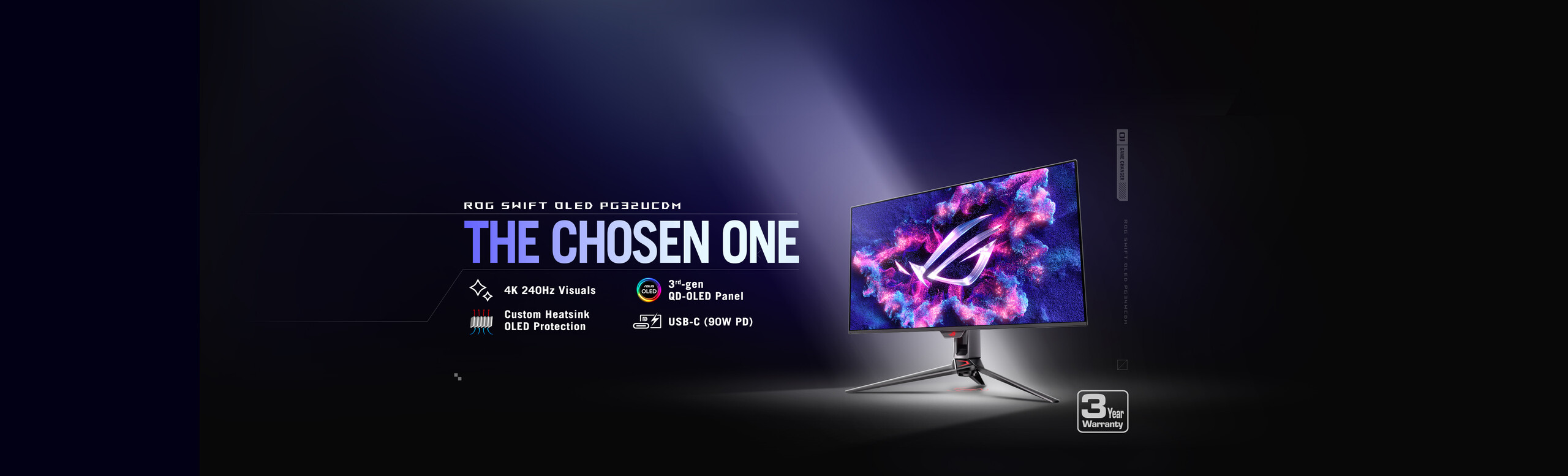 Monitorul de gaming ROG Swift OLED PG32UCDM pe un fundal întunecat, luminat de un reflector.