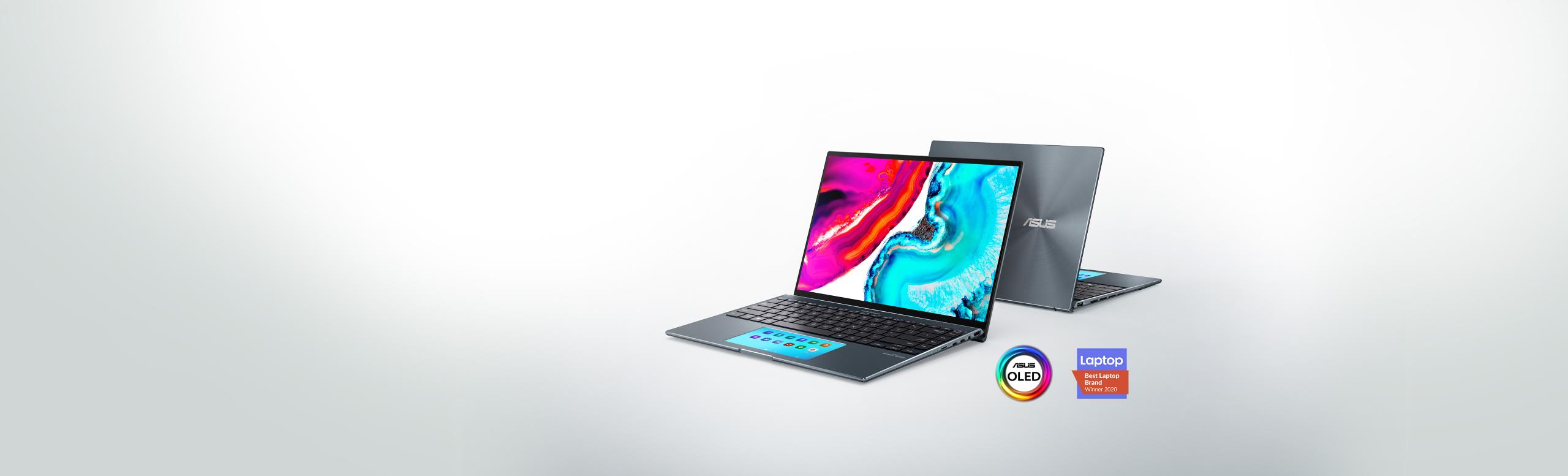 Doua laptopuri ASUS Zenbook 14X OLED, spate in spate, vazute din diagonala iar ecranul principal afisaza o imagine vibranta, tipica OLED