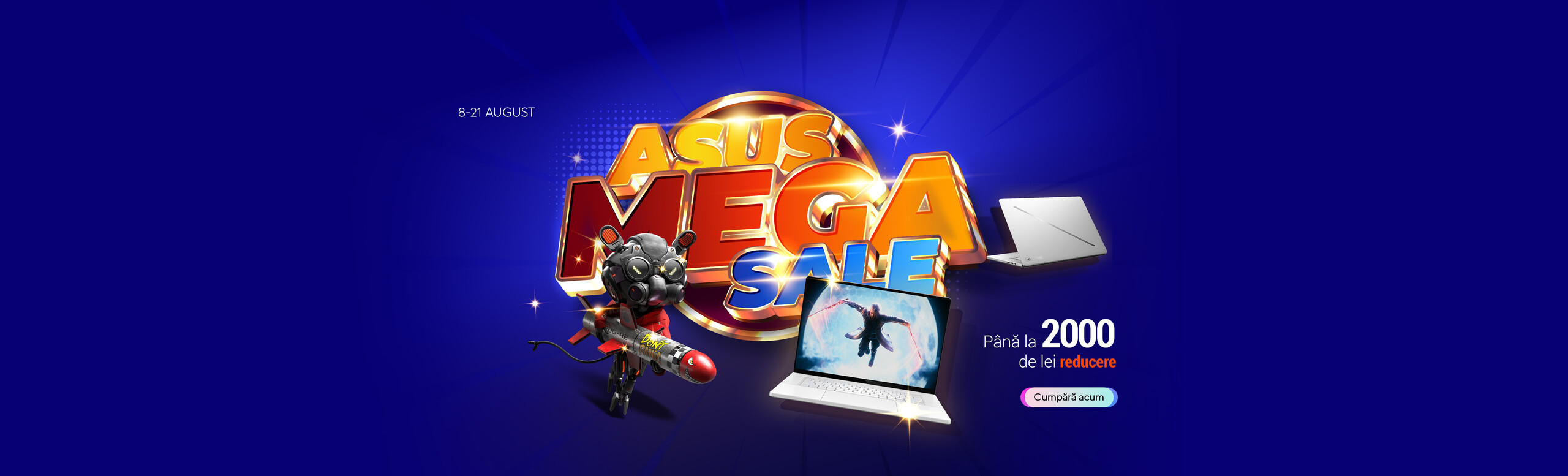 oferta promotionala cu reduceri de pana la 2000 lei. scris cu litere 3d ASUS MEGA SALES cu doua laptopuri de gamin in fata si personajul Omni in prim cadru.