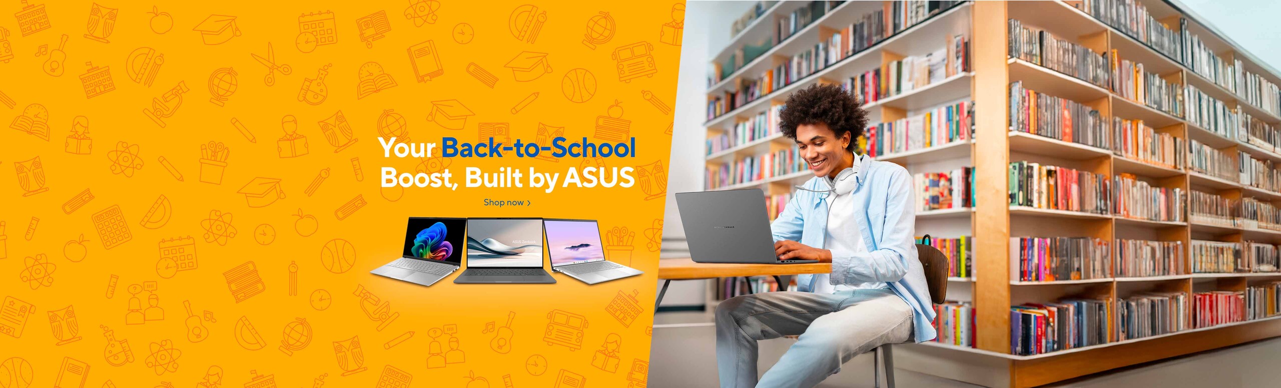 Image of a man with a laptop on one side and 3 laptops on the other side.  Your Back-to-School.  Boost, Built by ASUS.  Shop Now