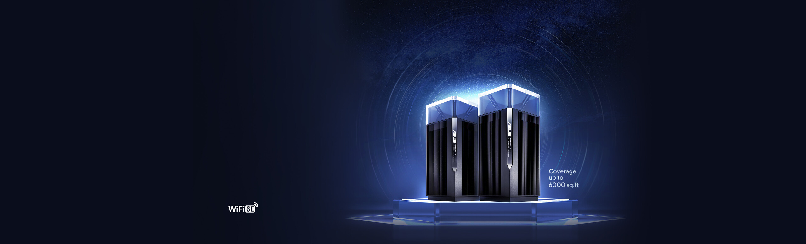 ASUS ZenWiFi Pro ET12 mesh routers placed on a glass podium, with radiating WiFi signals in the background.