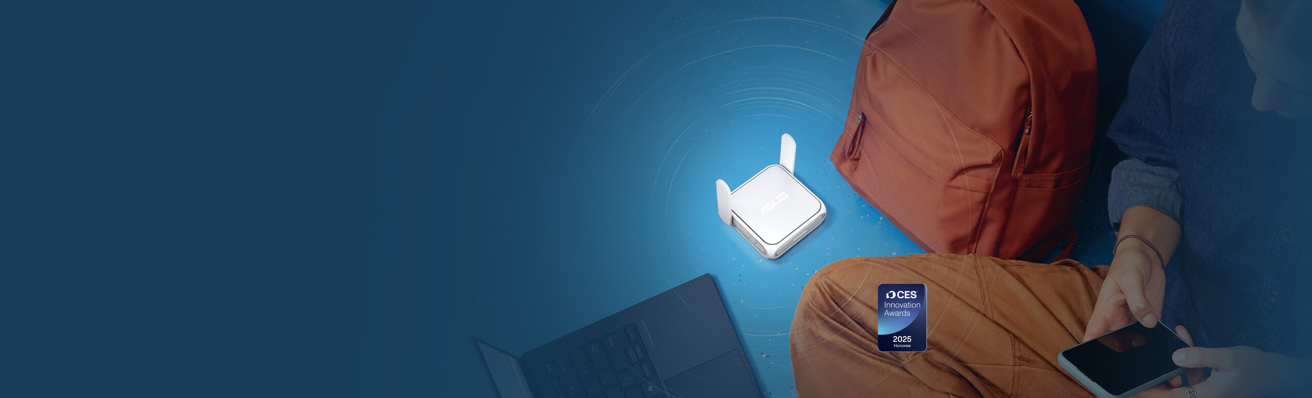A woman sits on the floor using a smartphones and laptop, with the ASUS RT-BE58 Go placed nearby next to a backpack, featuring the 2025 CES Innovation Award logo.