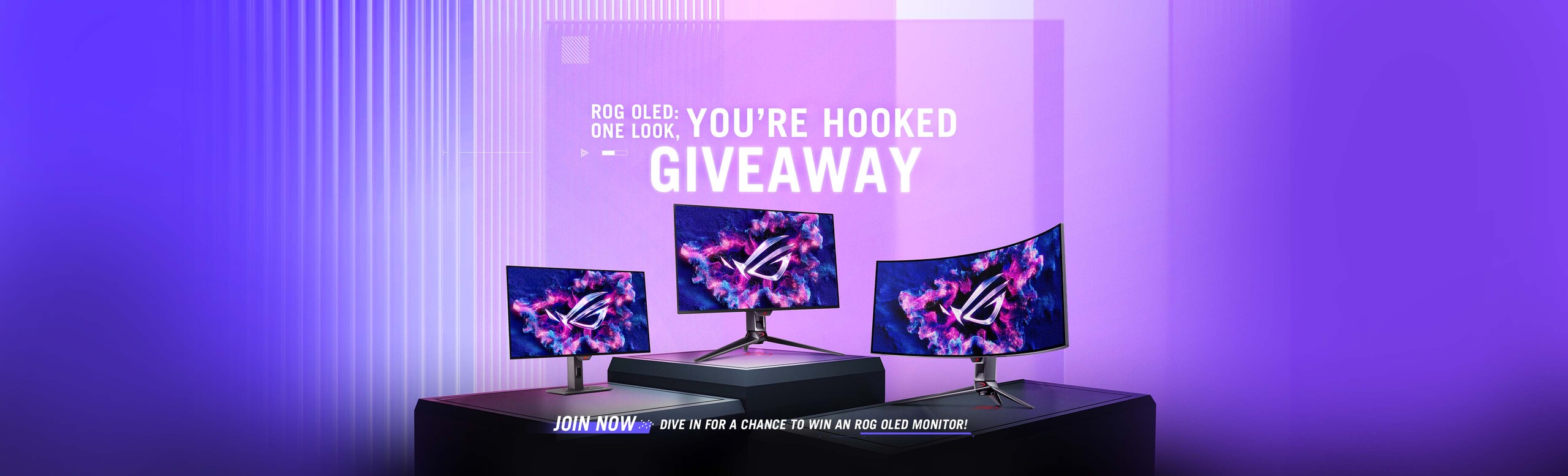 Three ROG OLED monitors stands on stages with dark purple backdrop