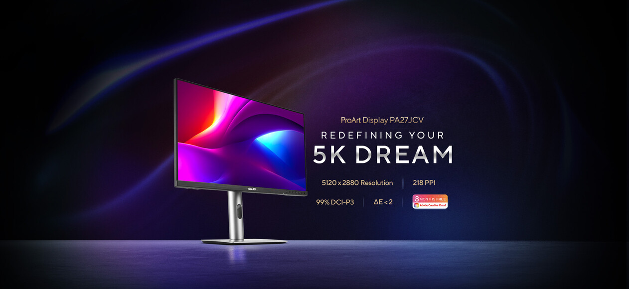 ASUS ProArt Display PA27JCV: 27-inch 5K, 99% DCI-P3, ΔE<2 accuracy, USB-C with 96W Power Delivery, Auto KVM, ergonomic design, and LuxPixel™ tech