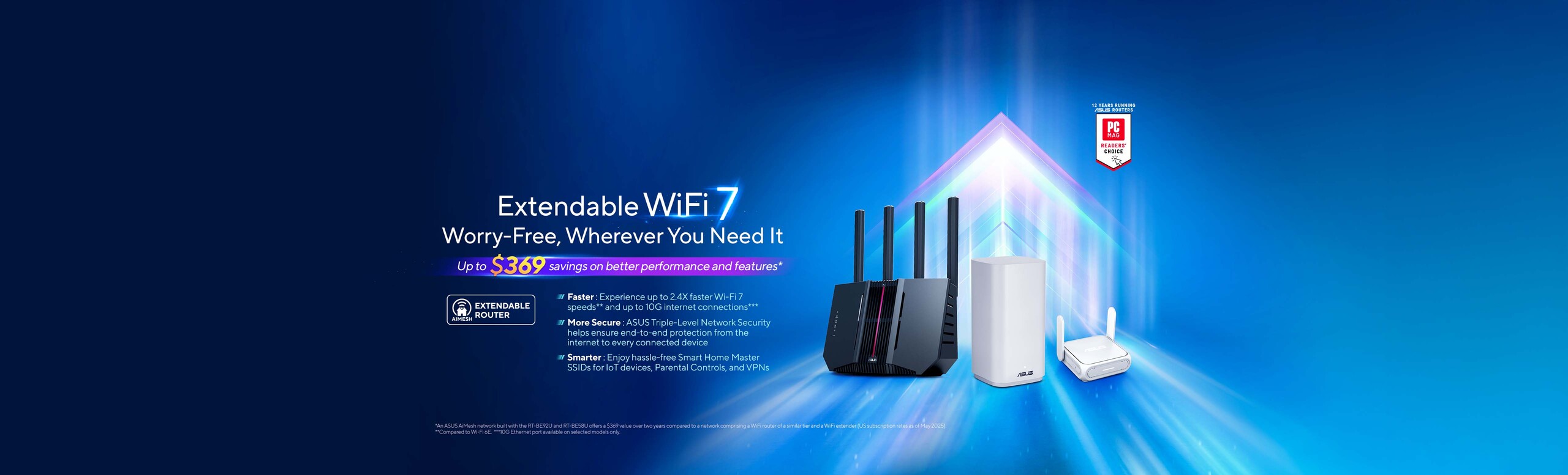 ASUS Extendable WiFi 7 routers provide a faster, more secure, and smarter home network, while AiMesh seamlessly extends to cover the whole home – up to $360 in savings.