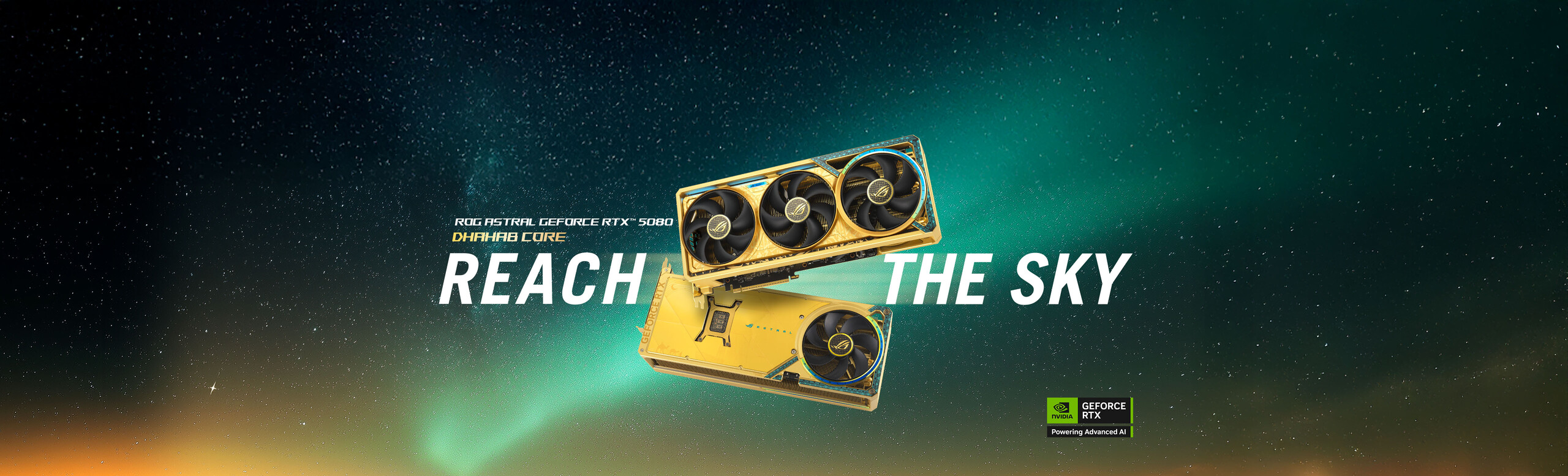 ROG Astral GeForce RTX 5080 Dhahab CORE front view and rear view floating in green starry galaxy