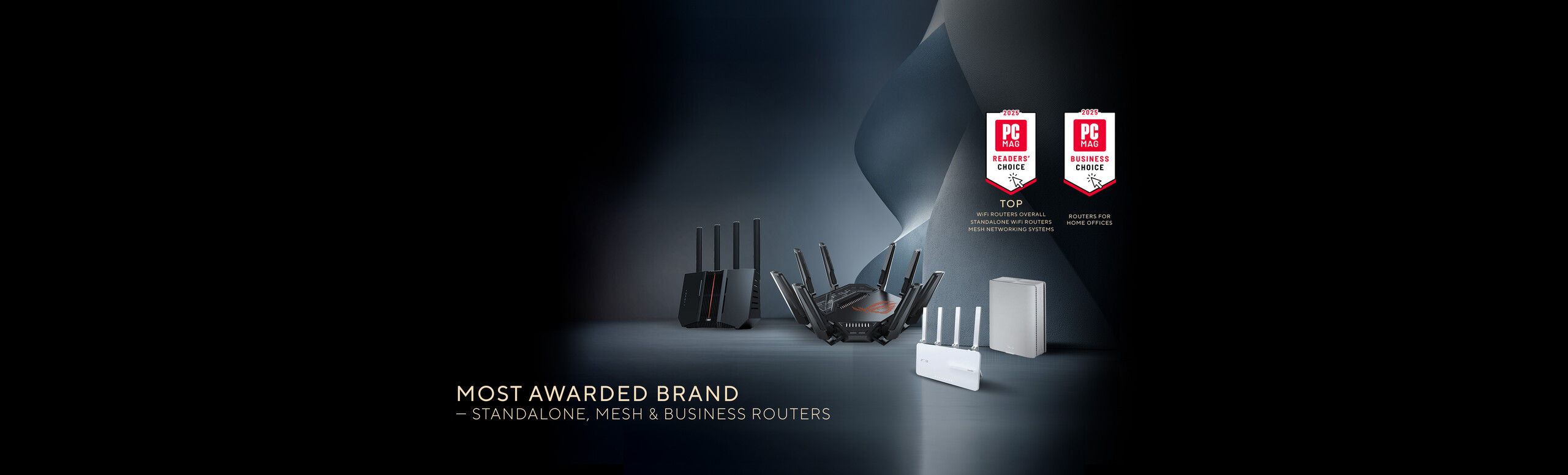 Four ASUS routers are displayed with PCMag 2025 Readers’ Choice and Business Choice award badges, highlighting ASUS as the most awarded brand for standalone, mesh, and business routers.