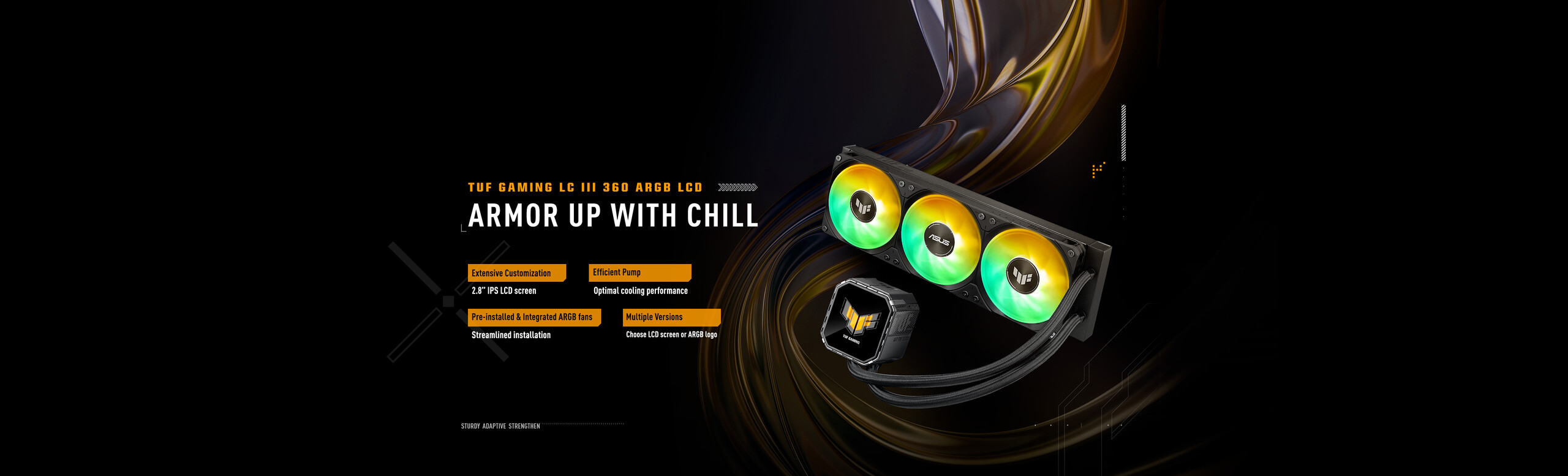 TUF Gaming LC III 360 ARGB LCD stands on the flow of water, demonstrating strong cooling capabilities.