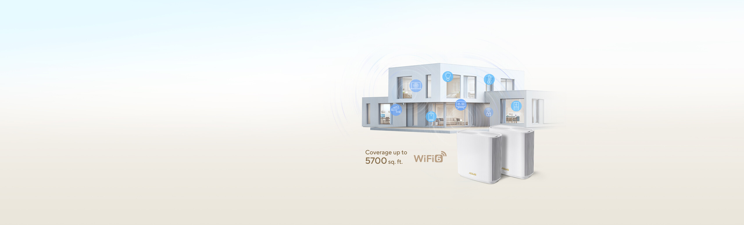 ZenWiFi XT9 in front of a two-story house, with WiFi signals covering the home and IoT icons scattered throughout.