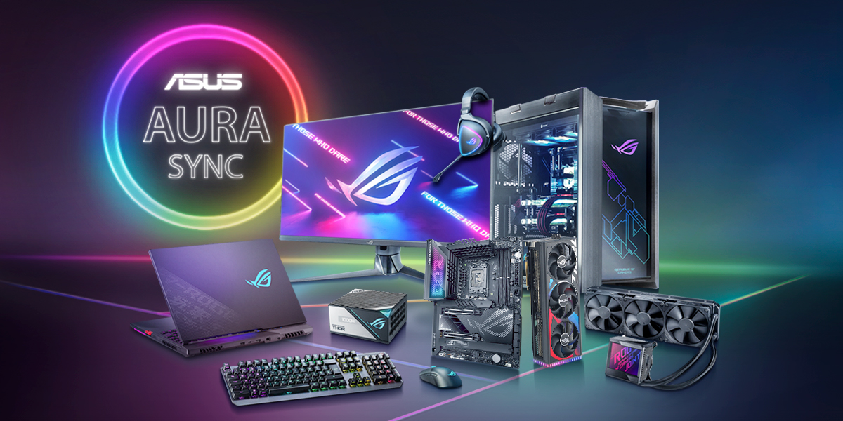 סט המוצרים של ROG אשר תומכים בתארות Aura Sync כוללים לוח אם, כרטיס מסך, ציוד היקפי ומארזי מחשב