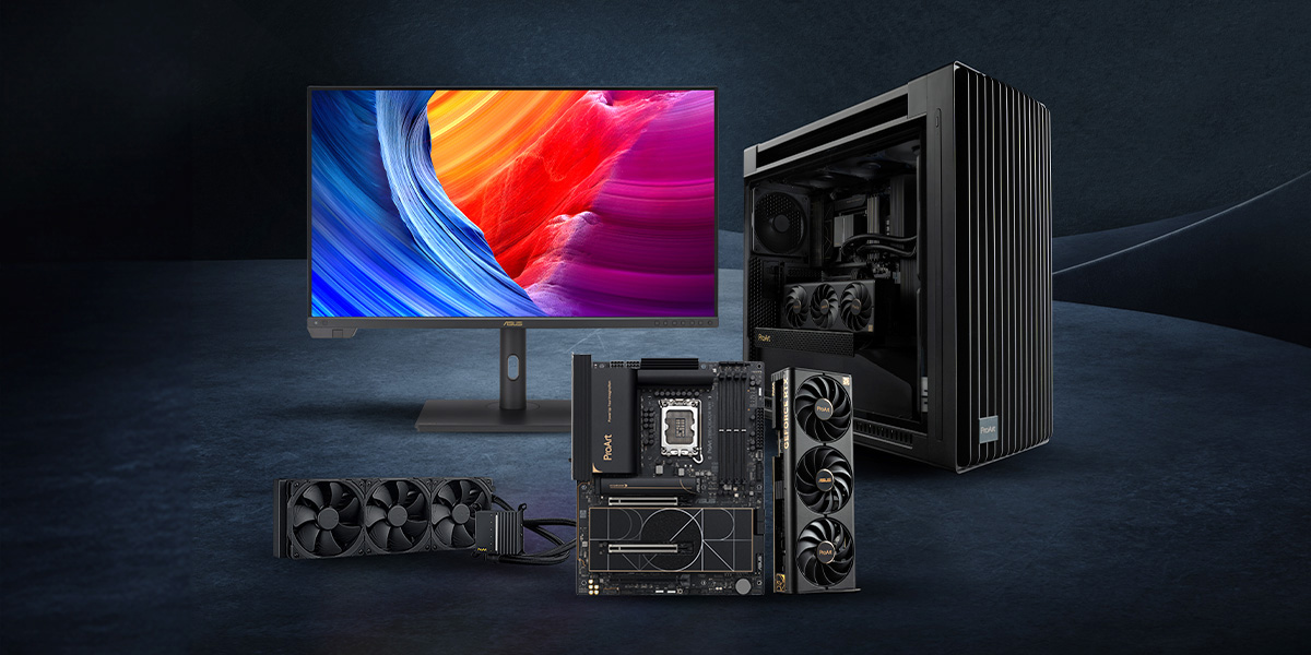 ProArt Z890-Creator WiFi, ProArt RTX GeForece 4080, ProArt LC 420 AIO cooler and ProArt PA602 PC Case and ProArt display stand on a platform