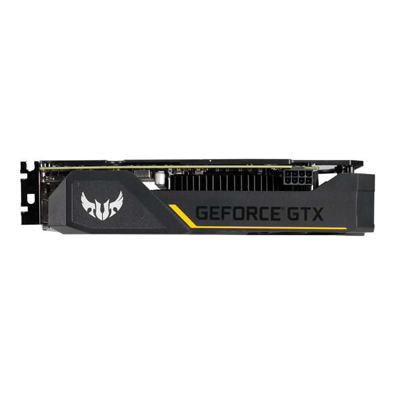 ASUS TUF Gaming GeForce GTX 1660 Ti OC edition 6GB GDDR6 graphics card, angled top down view, showcasing the heatsink
