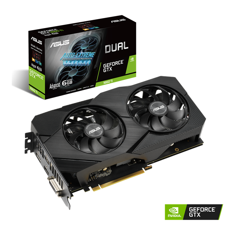 Dual GeForce GTX 1660 Ti packaging and graphics card with NVIDIA logo
