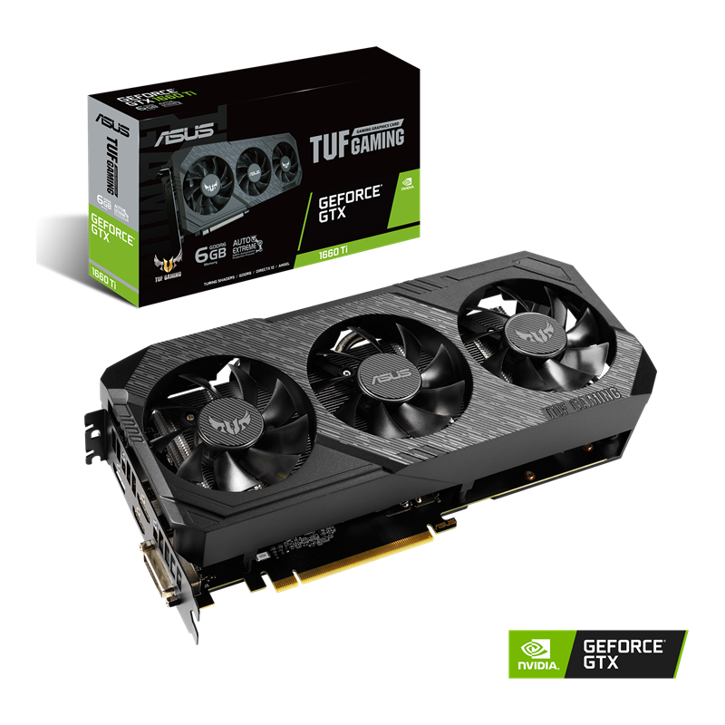 ASUS TUF Gaming X3 GeForce GTX 1660 Ti 6GB GDDR6 Packaging and graphics card with NVIDIA logo