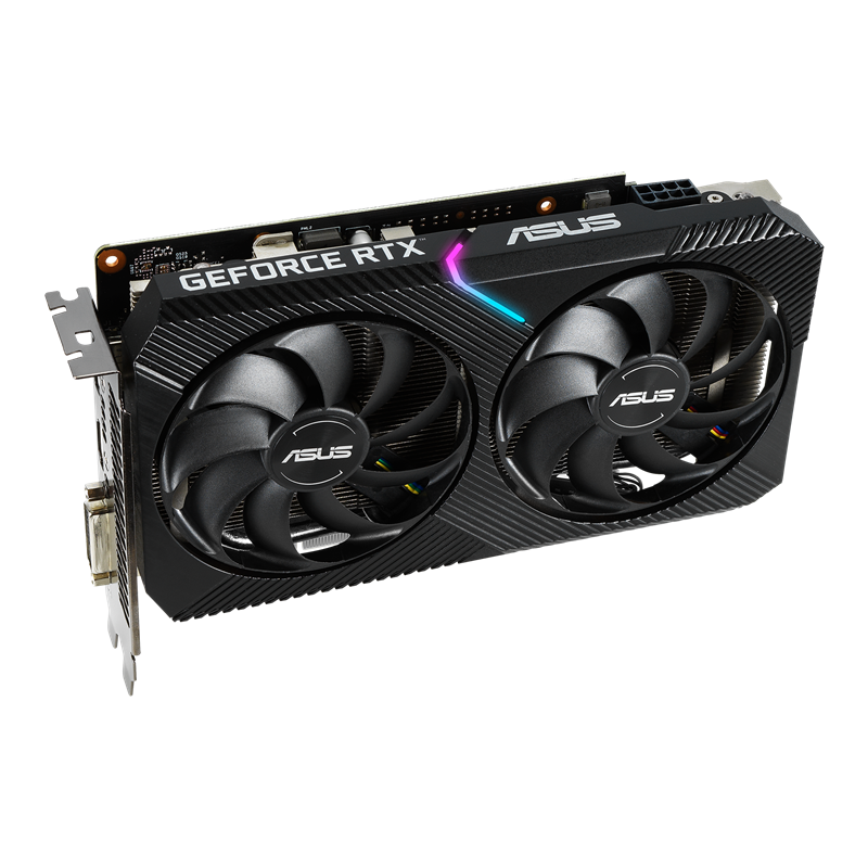 ASUS Dual GeForce RTX 2060 MINI 6GB GDDR6 graphics card, angled forward view, shocasing the ARGB element