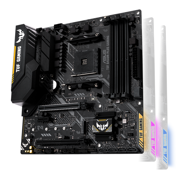 TUF B450M-PLUS GAMING front view, 45 degrees