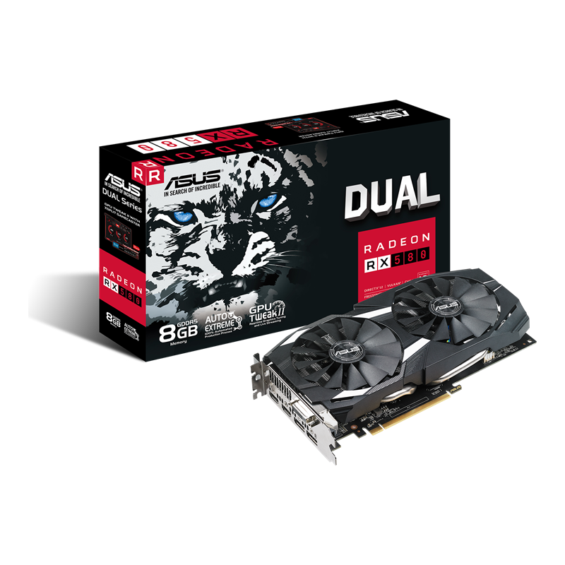 AMD Radeon RX 580 packaging and graphics card with AMD logo