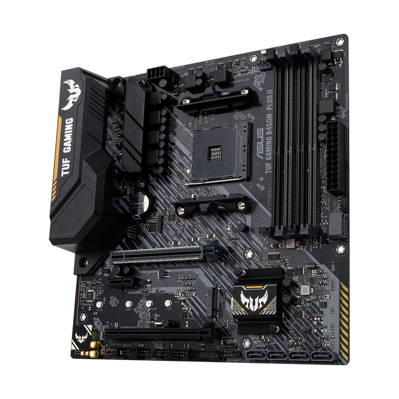 TUF GAMING B450M-PLUS II front view, 45 degrees
