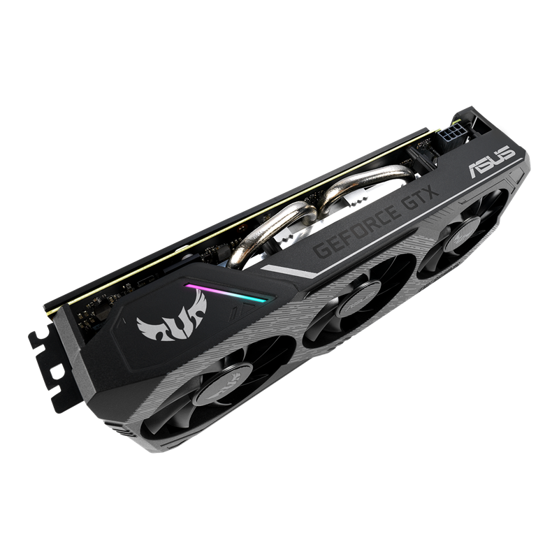 ASUS TUF Gaming X3 GeForce GTX 1660 Ti 6GB GDDR6 graphics card, top view, showcasing the heatsink