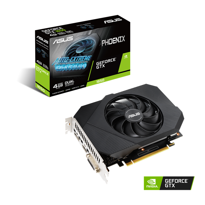 ASUS Phoenix GeForce GTX 1650 4GB GDDR6 Packaging and graphics card with NVIDIA logo