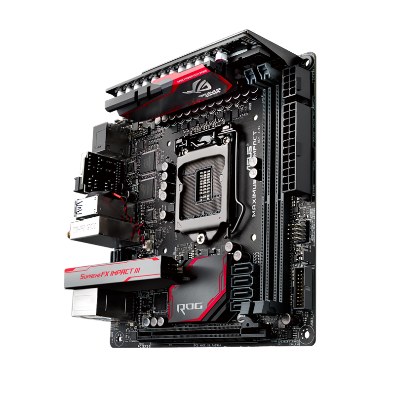 MAXIMUS VIII IMPACT motherboard, front view, heatsink 