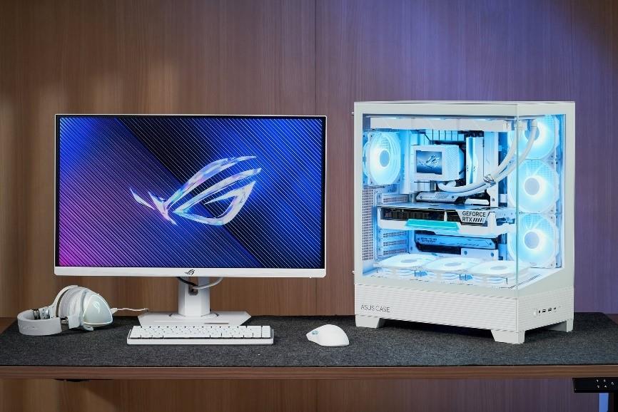 A31 case as part of a gaming setup, with parts inside glowing bright blue