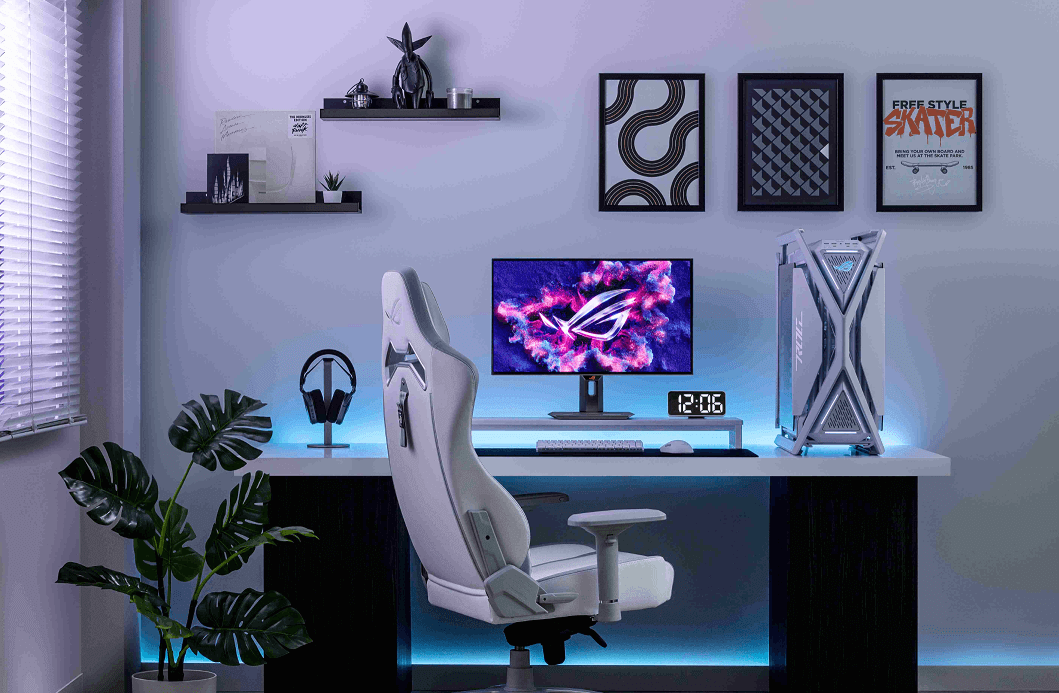 Scenario picture showing the XG27UCDMG in an office with gaming PC and other gaming accessories. 