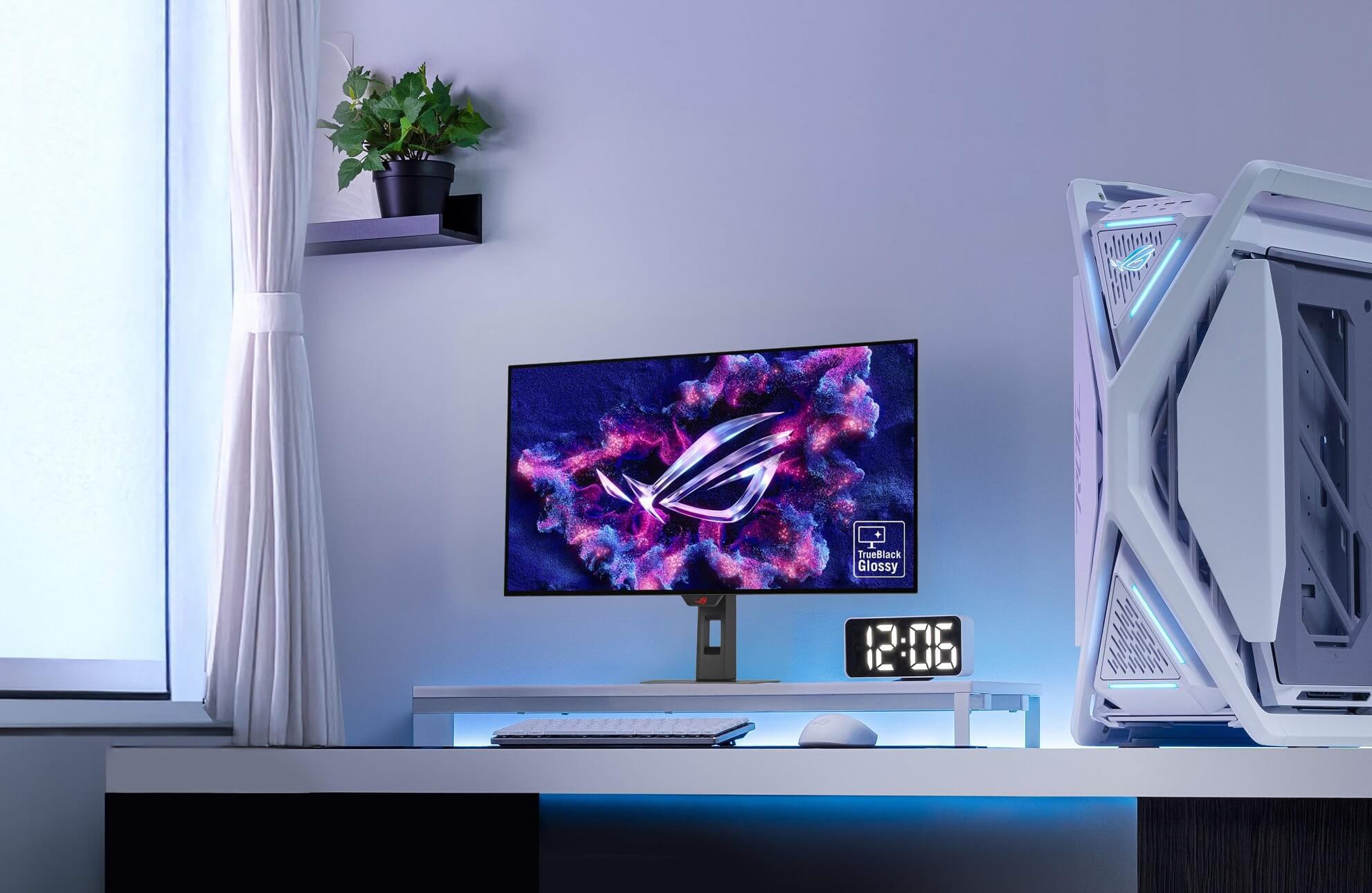 Scenario picture showing the XG32 in an office with gaming PC and other gaming accessories.