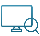 Icon of computer monitor with a magnifying glass symbolizing automatic IP search, deployment, and management of multiple clients at one click.
