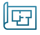 Icon of blueprint-style floor plan depicting layout for visualizing client deployments in real-time IT monitoring and management.