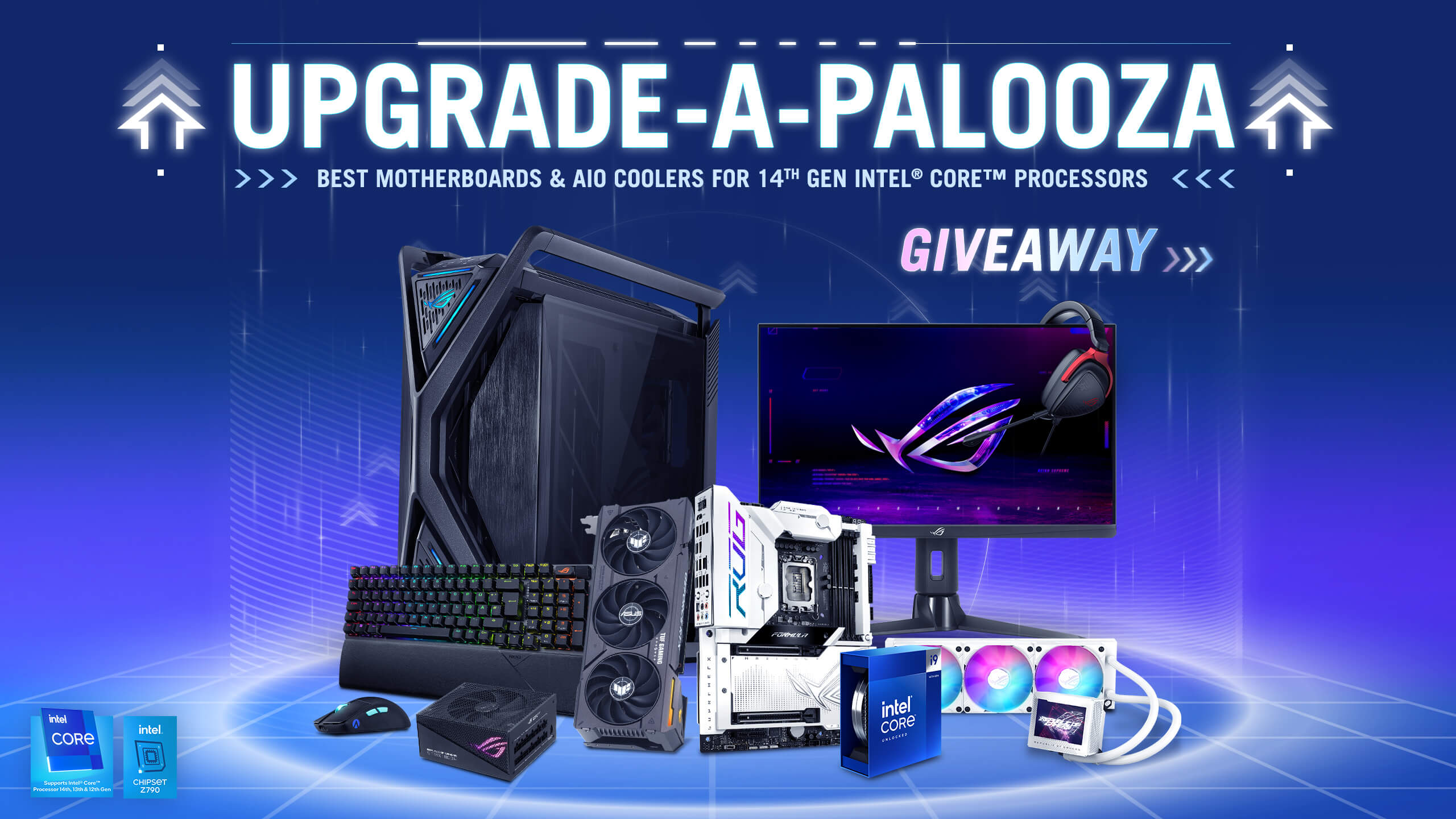 Bannière Palooza pour présenter une gamme variée de prix, y compris le processeur Intel® Core™ i9 14900K, ROG MAXIMUS Z790 FORMULA , ROG Strix 1000W Gold Aura Edition, TUF GAMING GeForce RTX™ 4060 Ti 8GB GDDR6 OC Edition, ROG Strix Scope II 96 Wireless, ROG Harpe Ace Aim Lab Edition, ROG Delta S Core, ROG Strix XG259QN