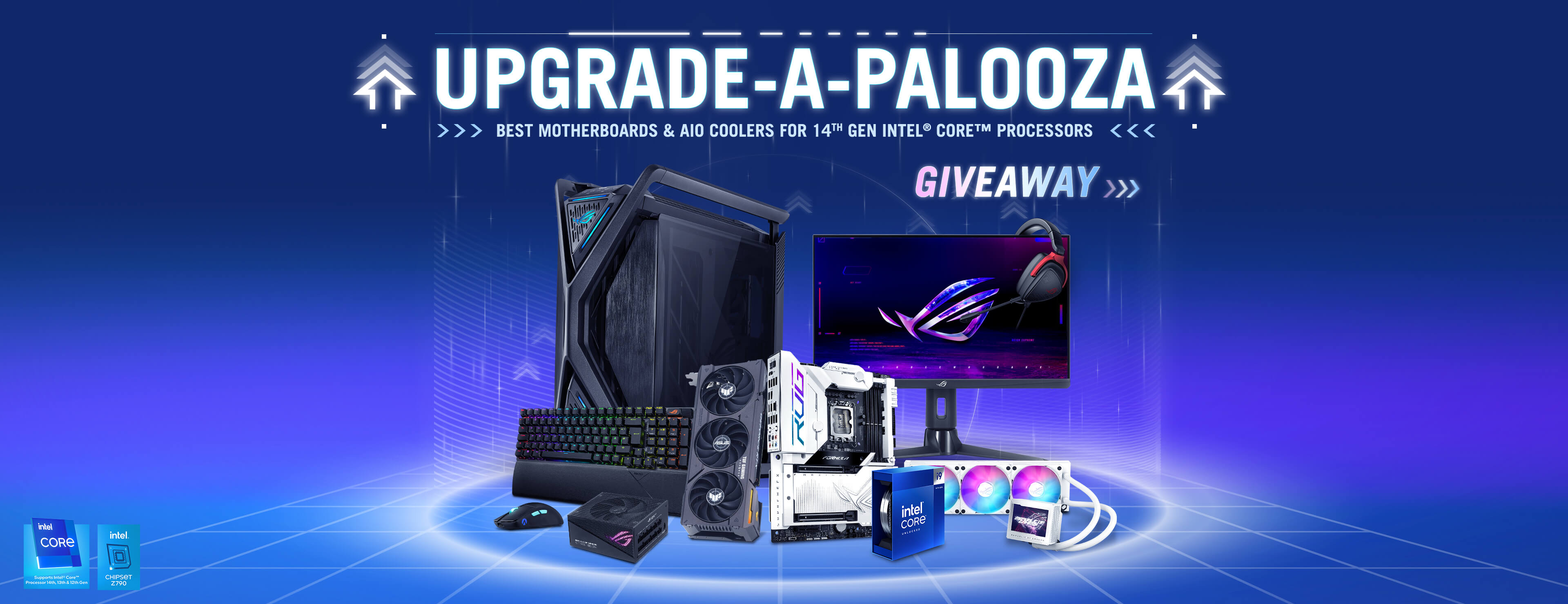 Bannière Palooza pour présenter une gamme variée de prix, y compris le processeur Intel® Core™ i9 14900K, ROG MAXIMUS Z790 FORMULA , ROG Strix 1000W Gold Aura Edition, TUF GAMING GeForce RTX™ 4060 Ti 8GB GDDR6 OC Edition, ROG Strix Scope II 96 Wireless, ROG Harpe Ace Aim Lab Edition, ROG Delta S Core, ROG Strix XG259QN