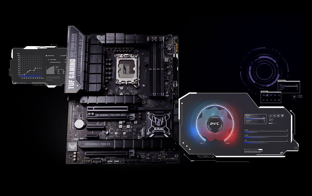 TUF Gaming Z790 Pro WiFi avec Virtual Window affichant AI Cooling II.