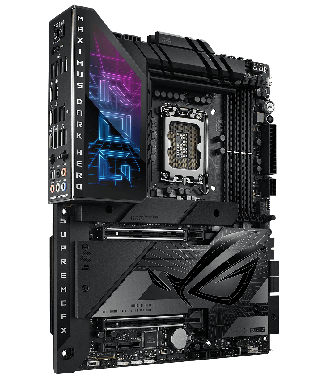 Image avec la carte mère ROG Maximus Z790 Hero pour présenter la connectivité des supports PCIe 5.0, USB4, WIFI et LAN.