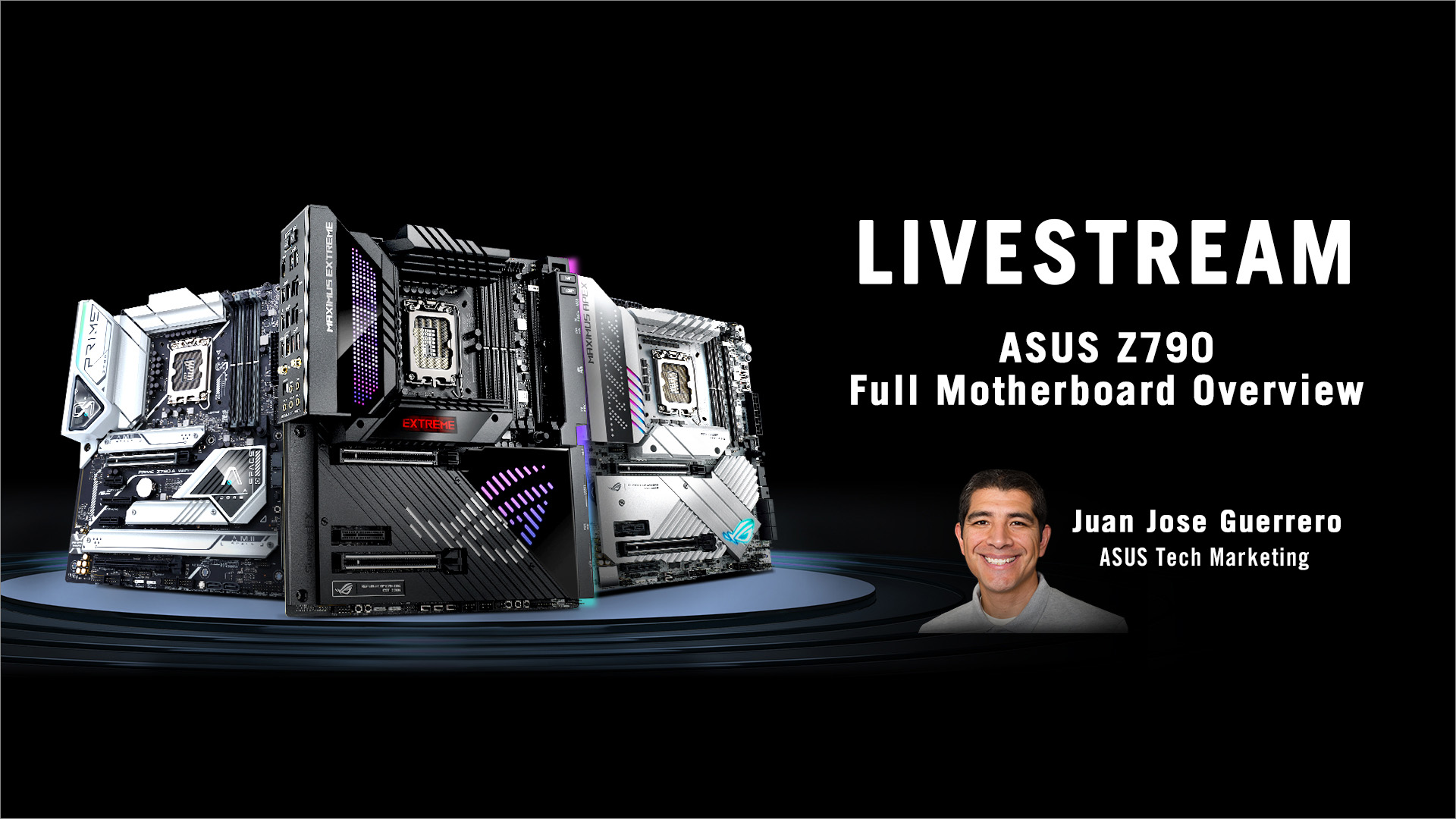 Obrázok s informáciami o livestreame a portrétom Juana Josého Guerrera z technického marketingu spoločnosti ASUS