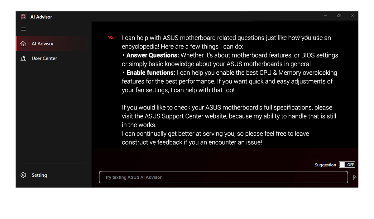 Interfaz de usuario ASUS AI Advisor